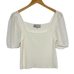 DH New York Womens Square Neck Crop Knit Top Sz Small White Mesh Puff Sleeve